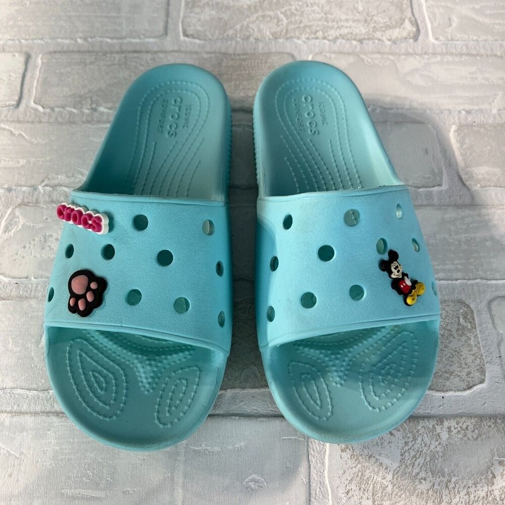 Crocs Classic Men 5 Women 7 Blue Green Strap Slide Unisex Iconic Sandals‎ Charms - Picture 8 of 14